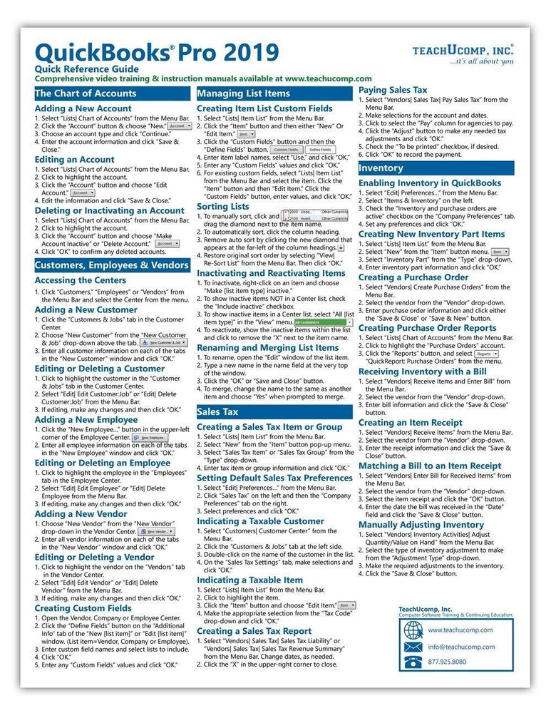 QuickBooks Pro 2019 Training Guide Quick Reference Card 4 Page Cheat Sheet