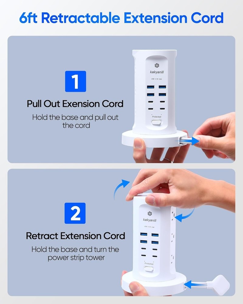 Vertical Power Strip Tower with USB - Surge Protector