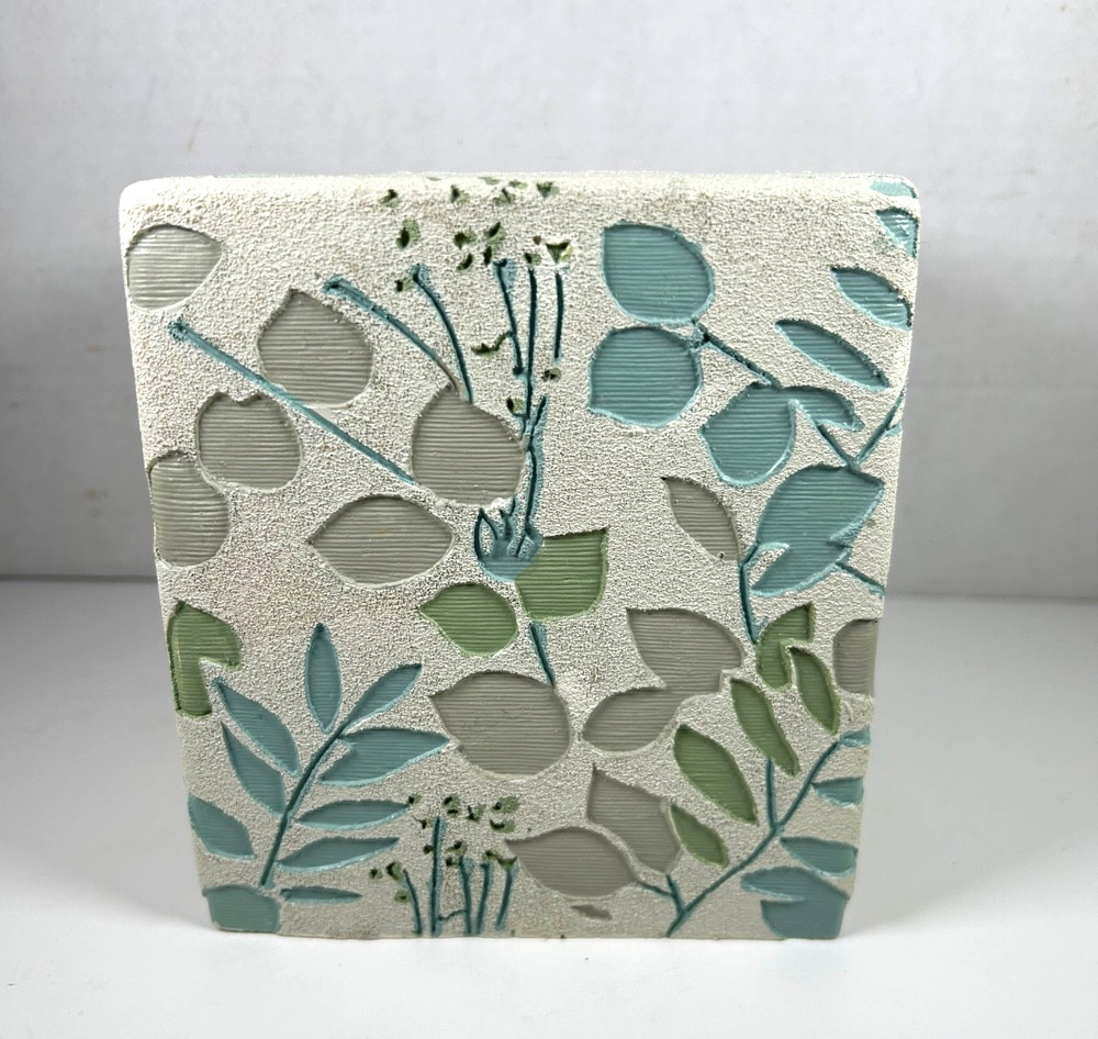 Textured Tissue Box Cover Cream Greens Branches Cube Creative Bath Co. 6” X 6”