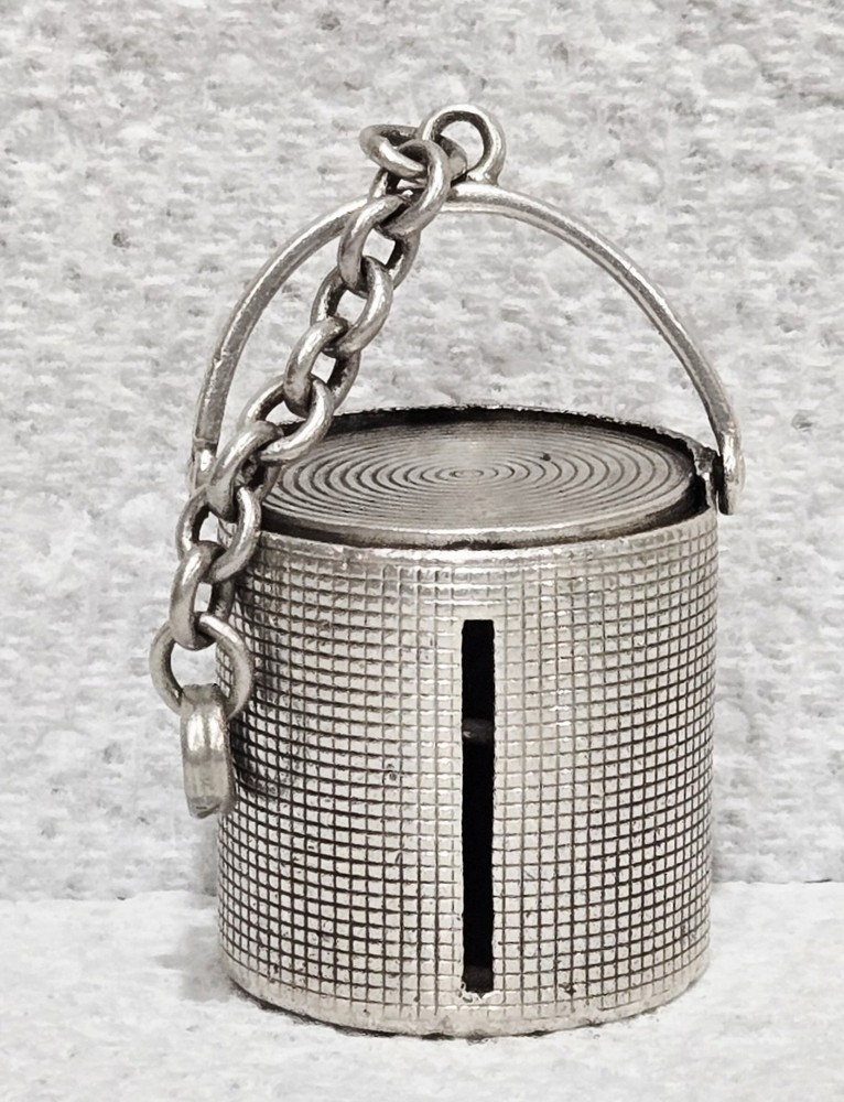 1900s Silver Engine Turned Spring Loaded Chatelaine Coin Holder With Chain