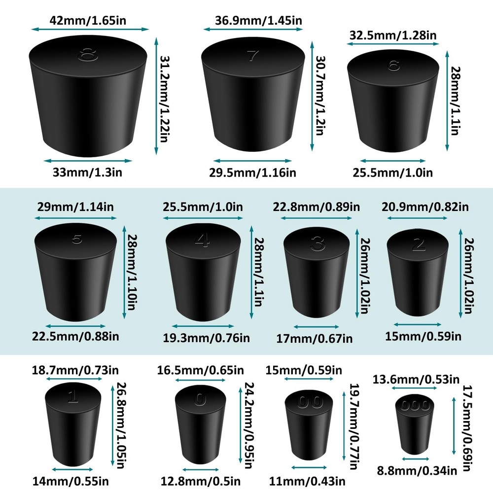 Rubber Stopper - 22 Pcs Solid Rubber Stoppers,11 Assorted Sizes 000# - 8# Tap...