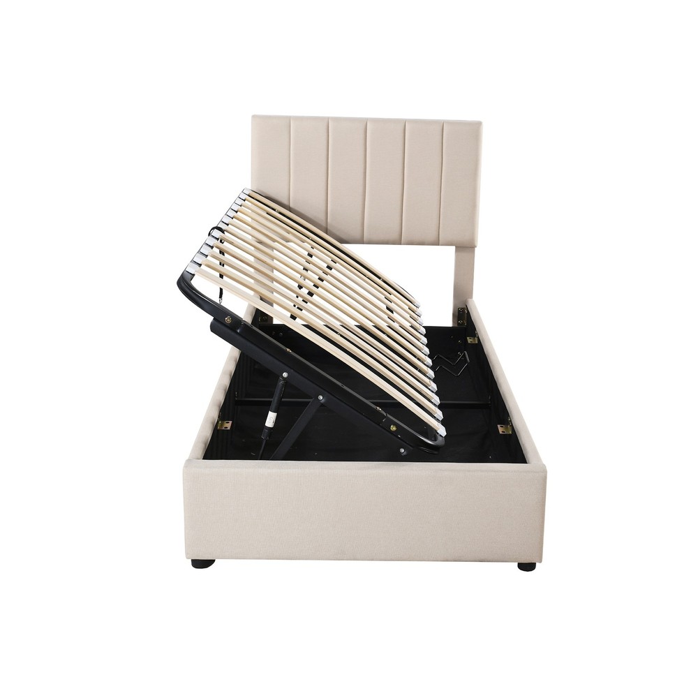 Twin Size Upholstered Platform Bed with a Hydraulic Storage System, Beige