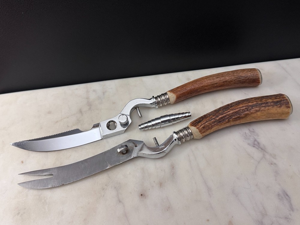 Custom German Stainless Kitchen Poultry Shears Stag Handle, Fork Tip, Take-Apart