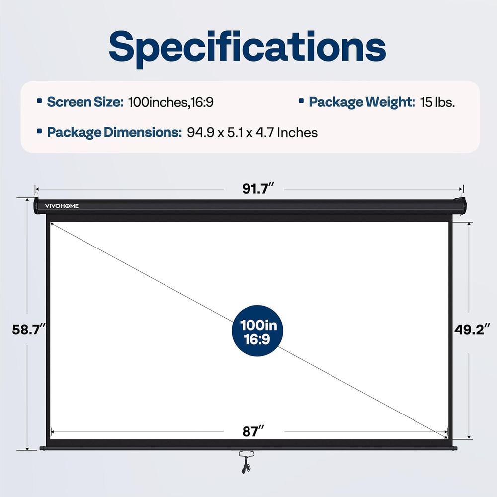 Projector Screen Pull Down, 16:9 100 Inch Retractable Projection Screen, HD 4K M