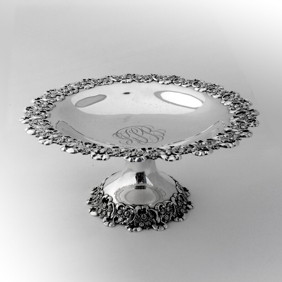 Openwork Rose Ribbon Compote Durgin Sterling Silver 1900 Mono KSB