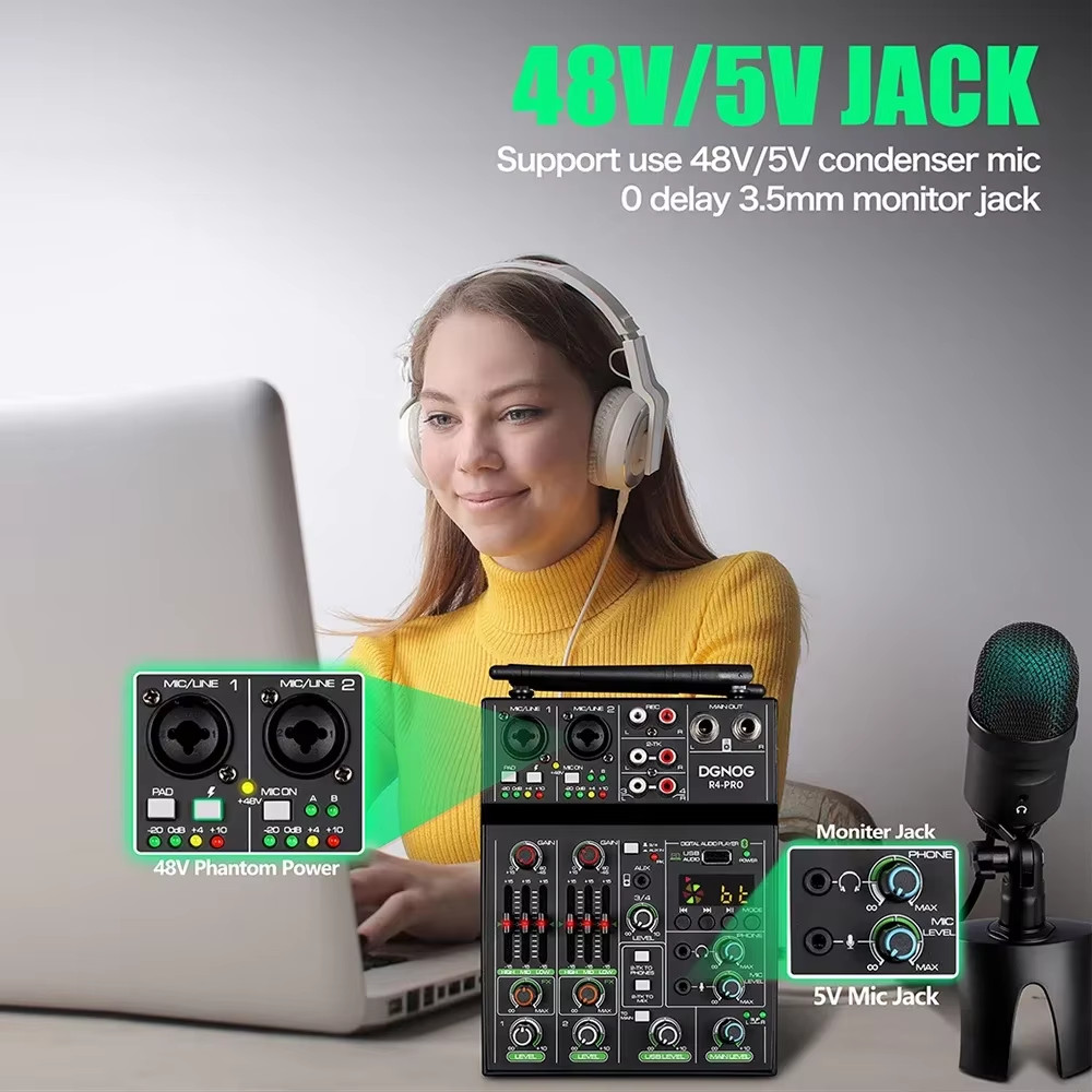 4 Channel Audio Mixer with Wireless Microphone USB Sound Table Bluetooth Console
