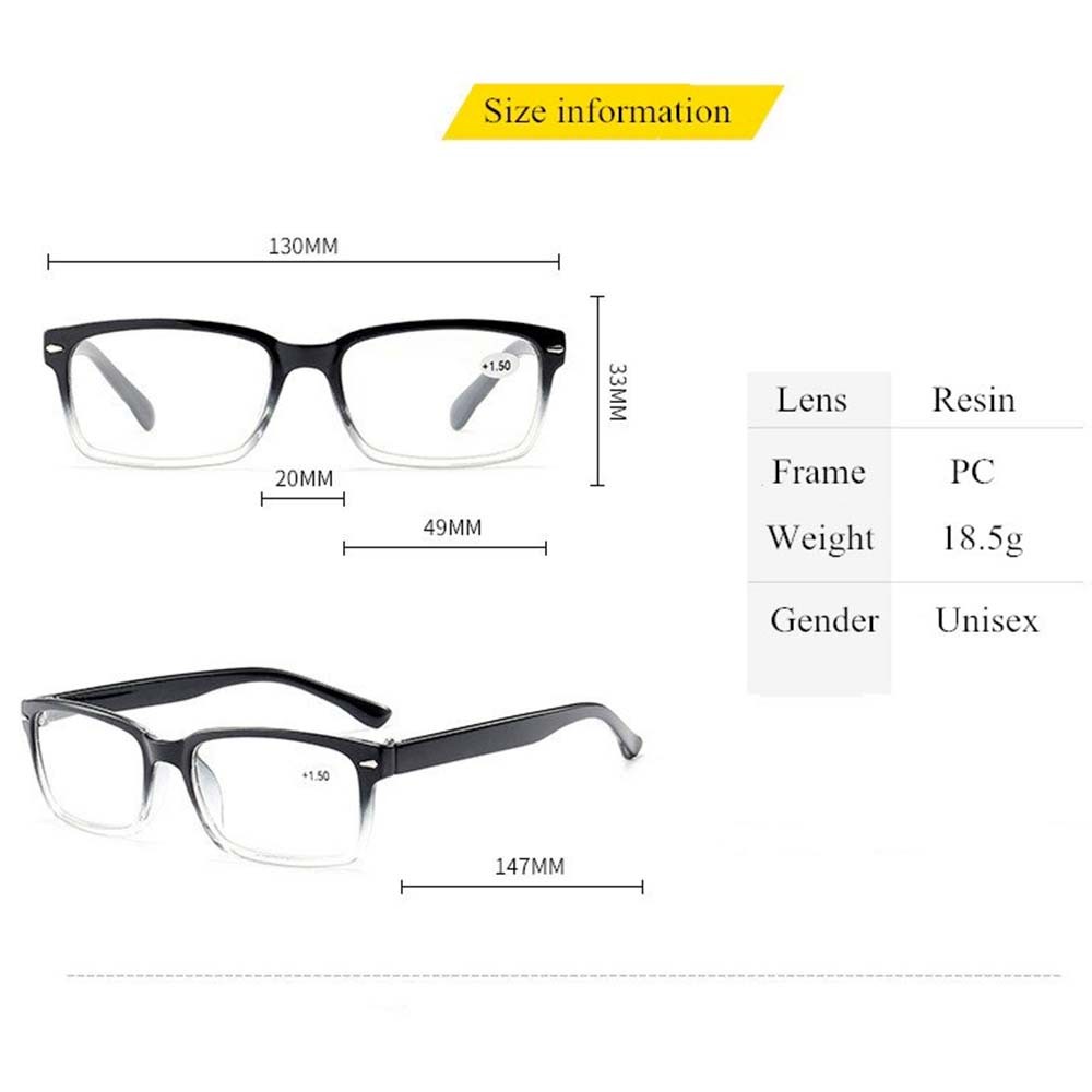 4 PACK Reading Glasses Mens Womens Unisex Square Frame Light Blocking Readers