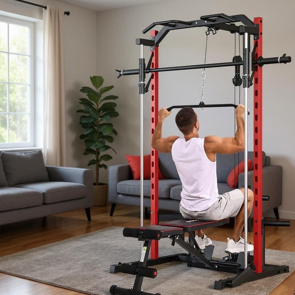Smith Machine Squat Rack All-in-One Power Rack Cage with LAT-Pull Down System US