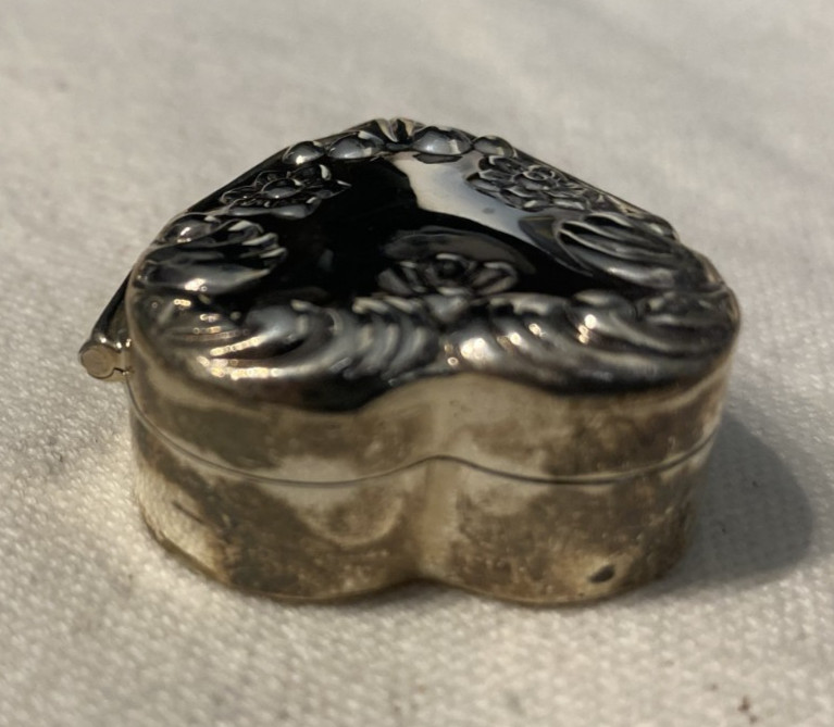 Sterling silver vintage repousse heart shaped pill box