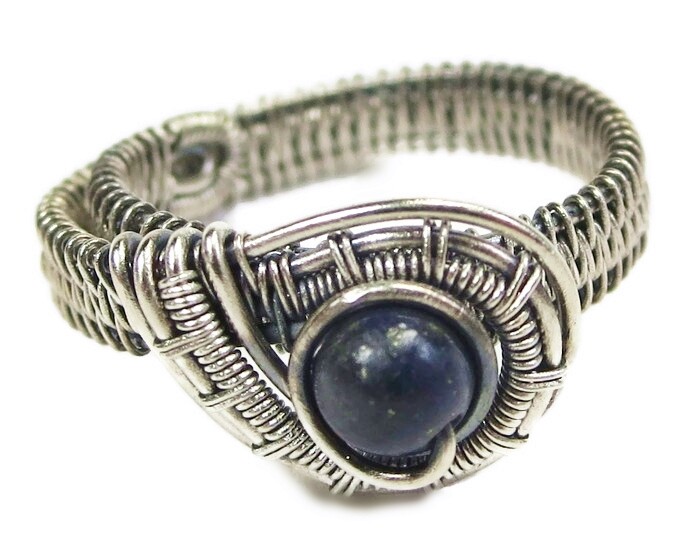 Lapis Lazuli Adjustable Ring, Woven in Sterling Silver Wire