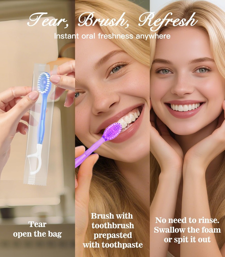 24 Pack 5-in-1 Disposable Toothbrushes with Toothpaste, Floss, and Scraper