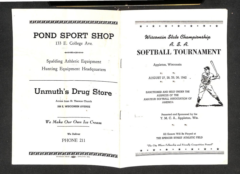 AUGUST 1942 WISCONSIN STATE A.S.A. SOFTBALL TOURNAMENT PROGRAM / SCORECARD