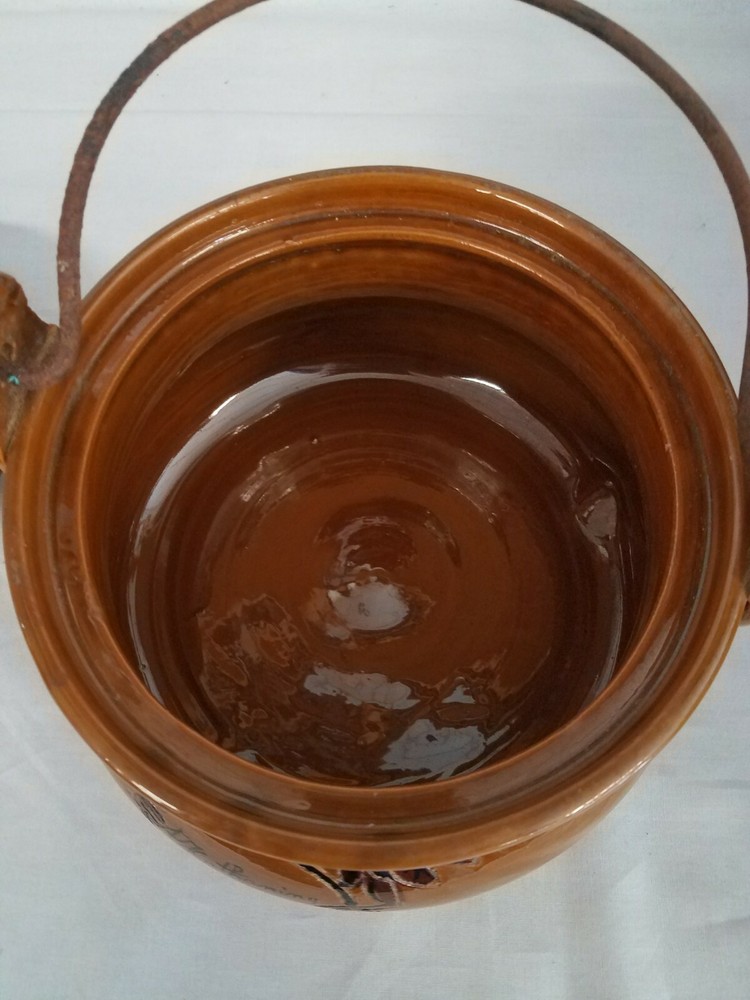 Glazed Pottery Bean Pot with Metal Handle