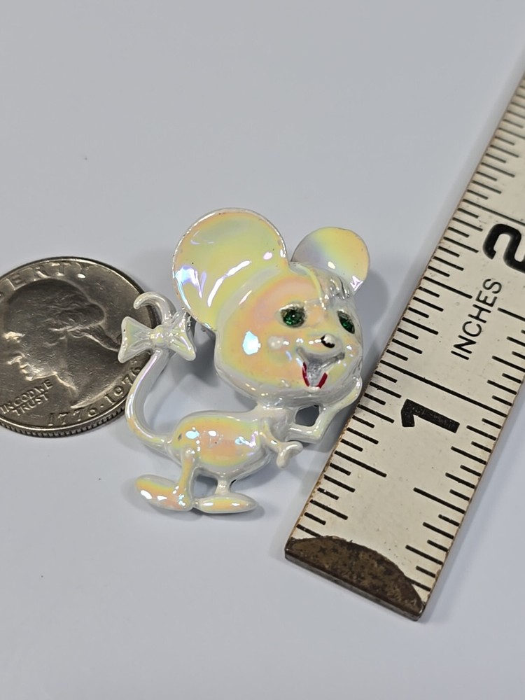 White Mouse Brooch Lapel Pin Iridescent Finish Bow on Tail #2