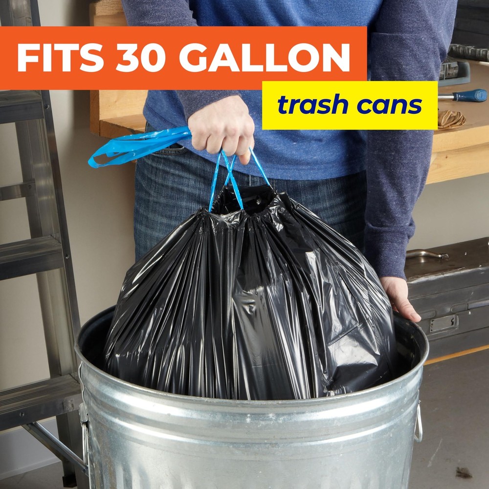 Hefty Essentials Drawstring 30 Gallon Trash Bags 56 Count Bulk Black Garbage