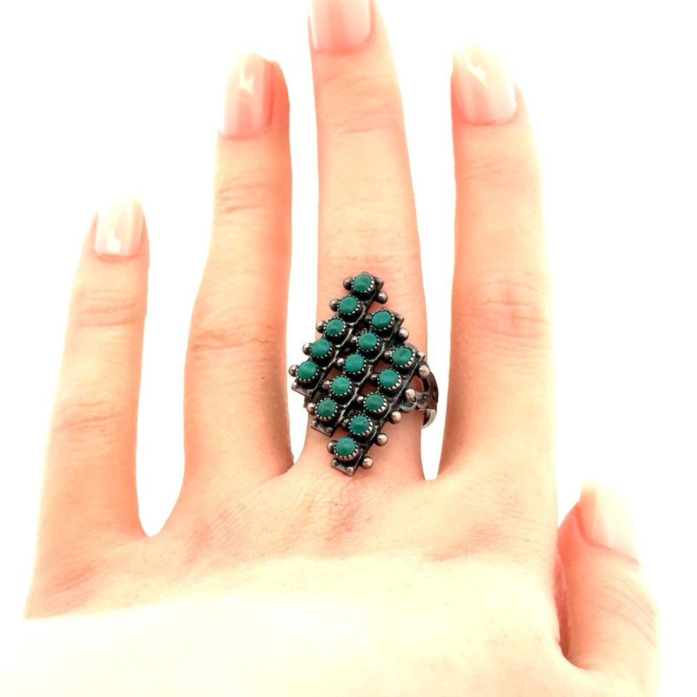 Native American 925 Sterling Silver Snake Eye Malachite 15 Stone Statement Ring