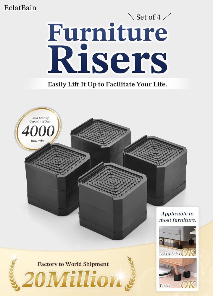 Furniture Risers - Stackable Bed Elevators Support 4000 lbs for Home