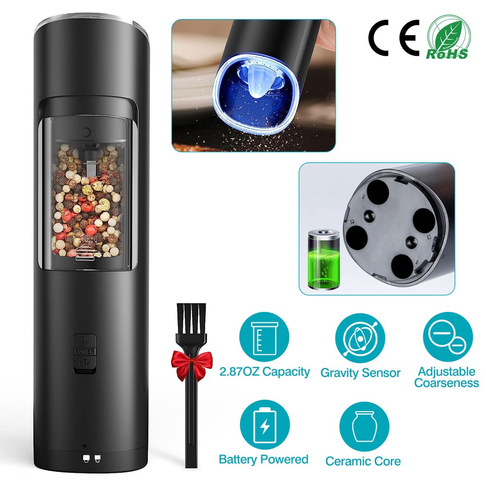 Electric Black Salt & Pepper Grinder LED Light Adjustable USB High-capacity