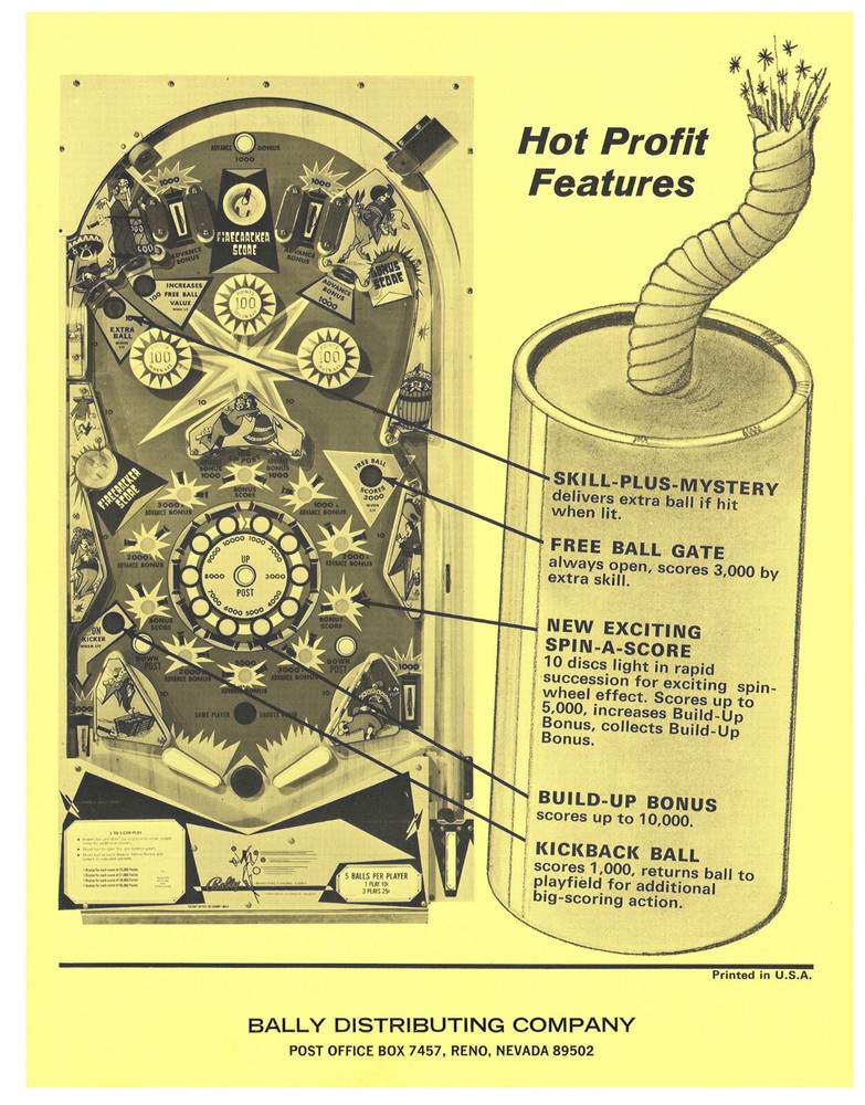 Firecracker Bally Pinball Flyer / Brochure / Ad - Mint Condition -