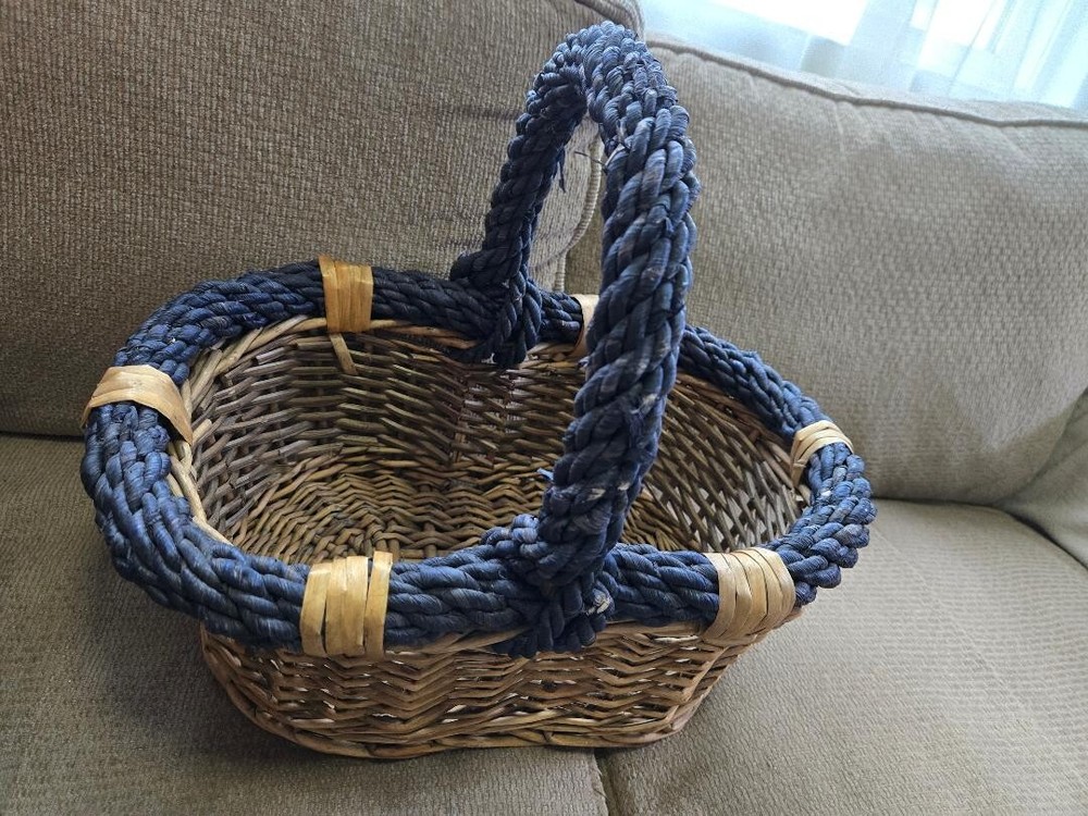 16" Oval Wicker Basket with Blue Handle