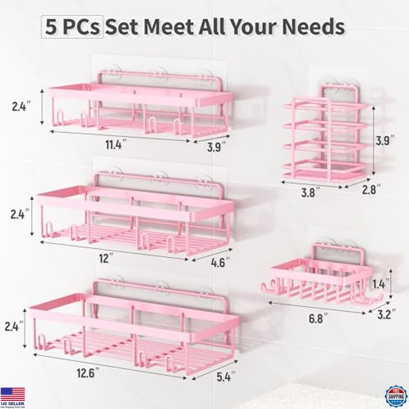 5 Pack Shower Caddy Organizer Rack, Rustproof Stainless Steel, Pink Storage