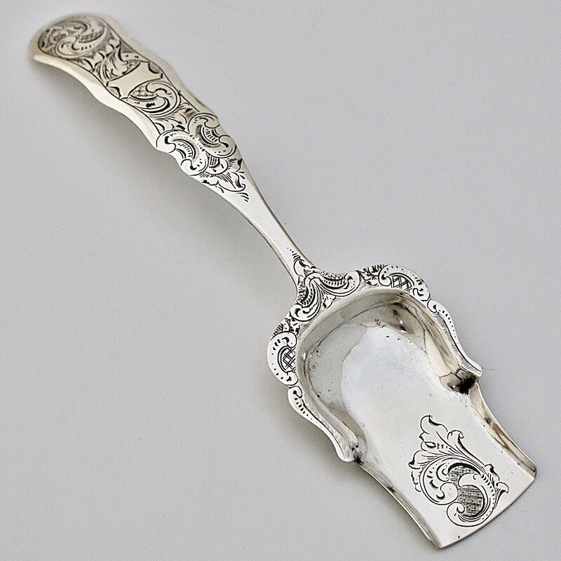 19C Antique Dutch Solid Silver Tea Caddy Sugar Shovel Spoon Server Rococo Ladle