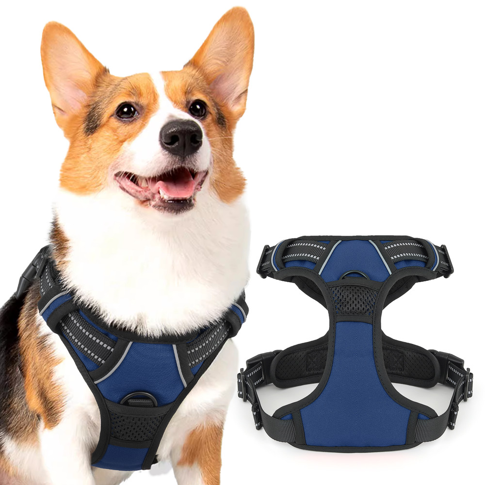 Padded Adjustable Control Pet Dog Harness Reflective Strips Navy Blue w/Handle