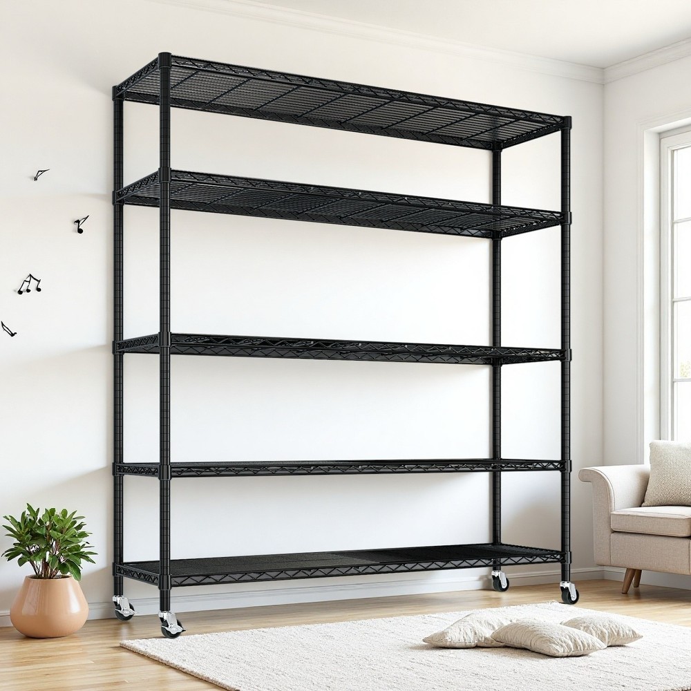 5-Tier Rolling Shelving Unit - Modular, Heavy Duty, Adjustable, Metal & Black