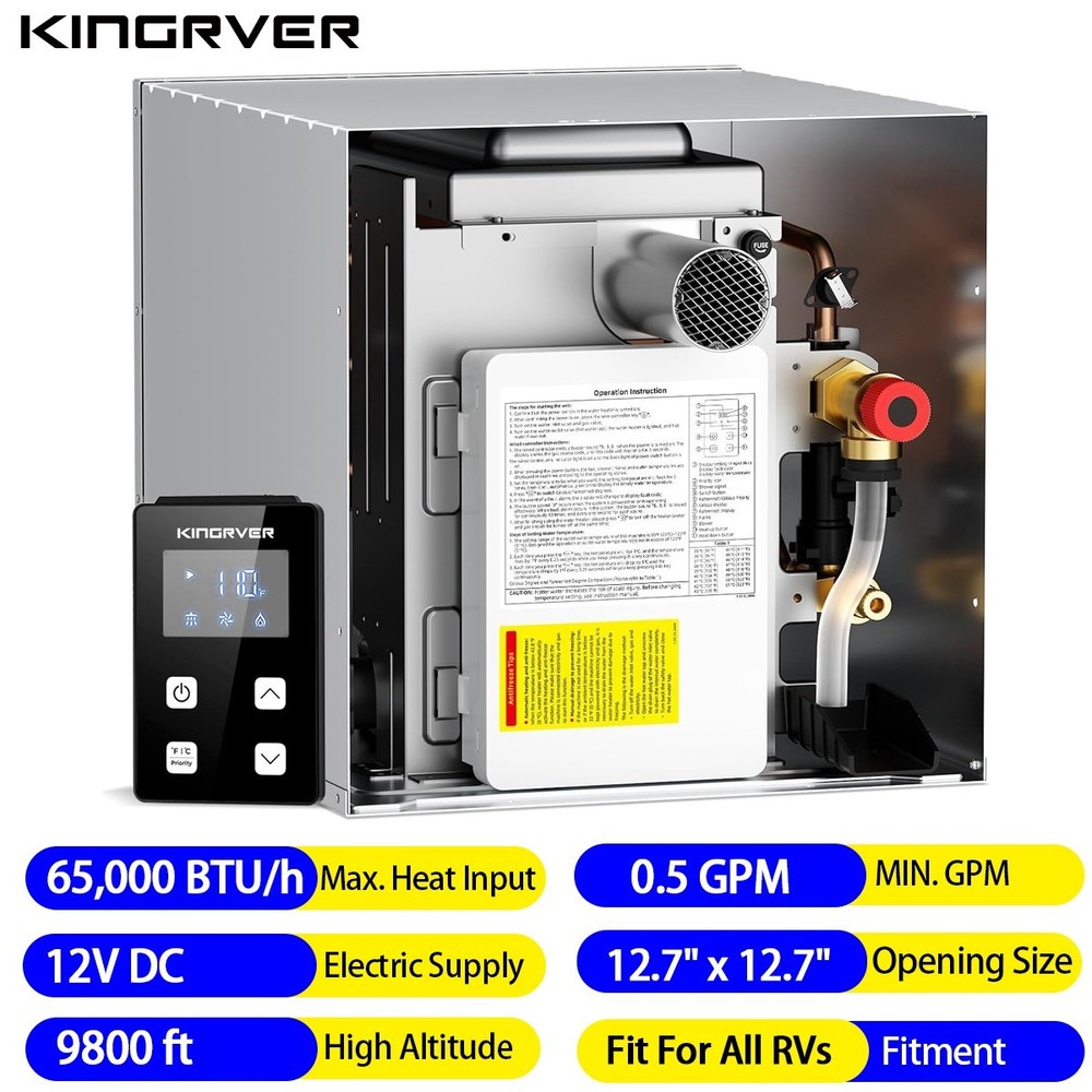 KINGRVER RV Tankless Water Heater without Door Propane Gas 65,000 BTU DC 12V