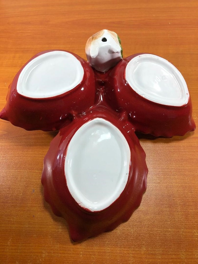 Ceramic 3 Section Nut Candy Serving Dish with Mouse Holding Acorn Maroon Color