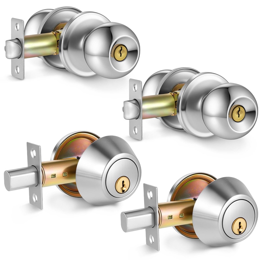 Qulkws 2 Sets Entry Door Knob Dead Bolt Level Locks Combo Silver