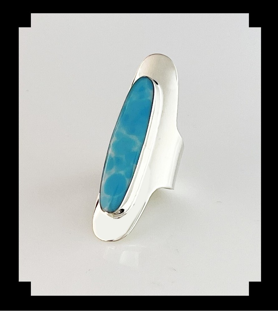 Long Sleek Sterling and Larimar Ring
