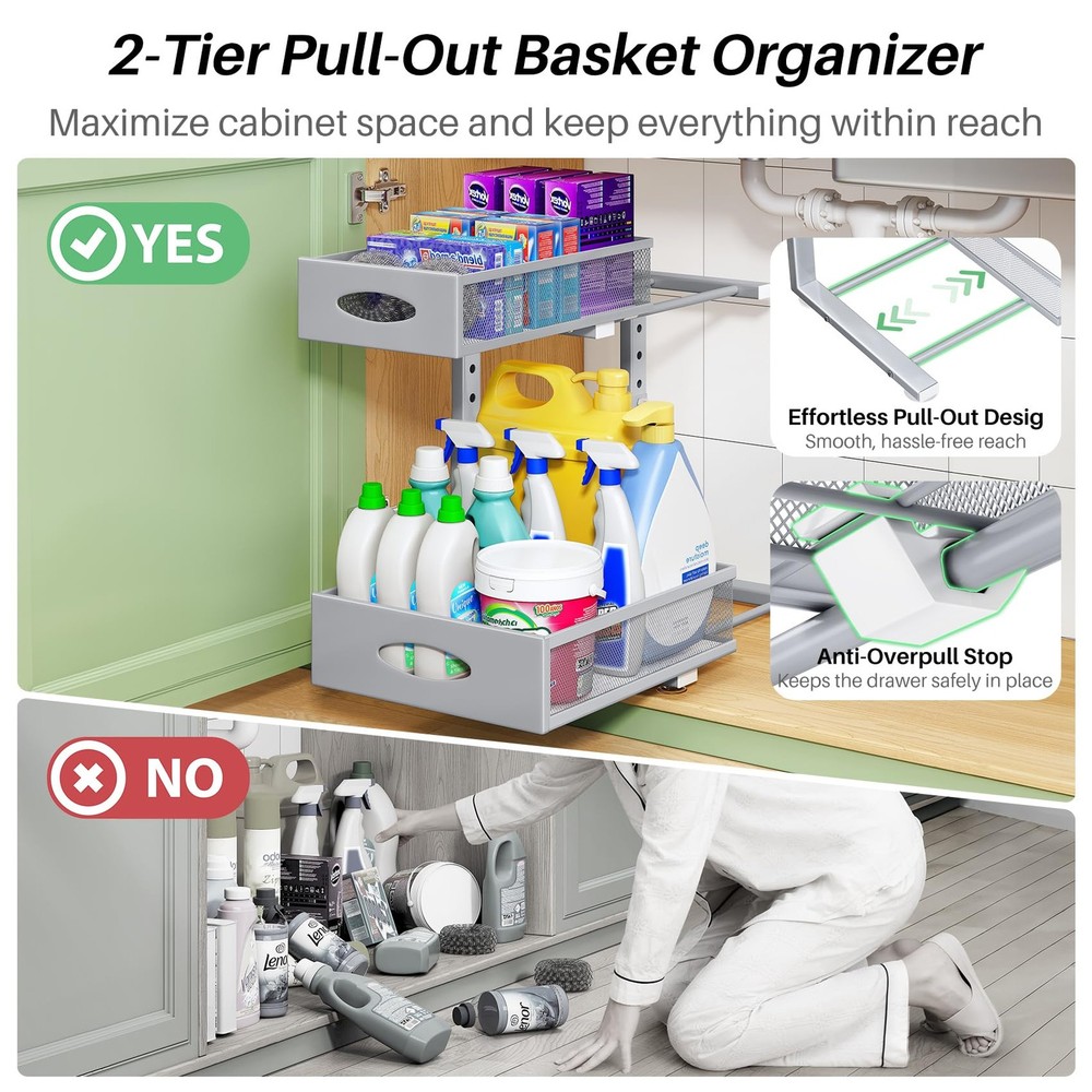Under Sink Organizer, 2-Pack Pull Out Cabinet Organizer 2 (XL), Grey