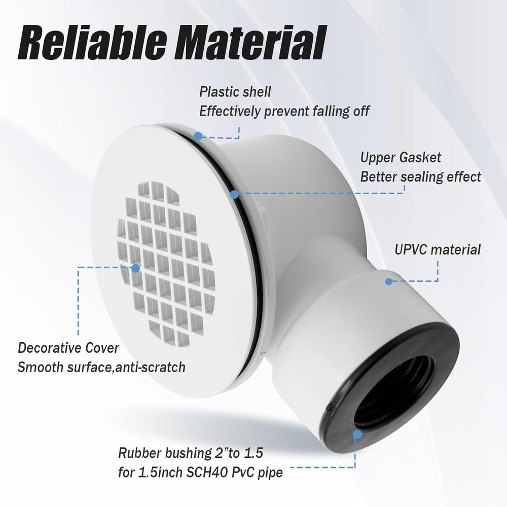 Low Profile Shower Drain, 1.5" Side Outlet Drain Assembly with White