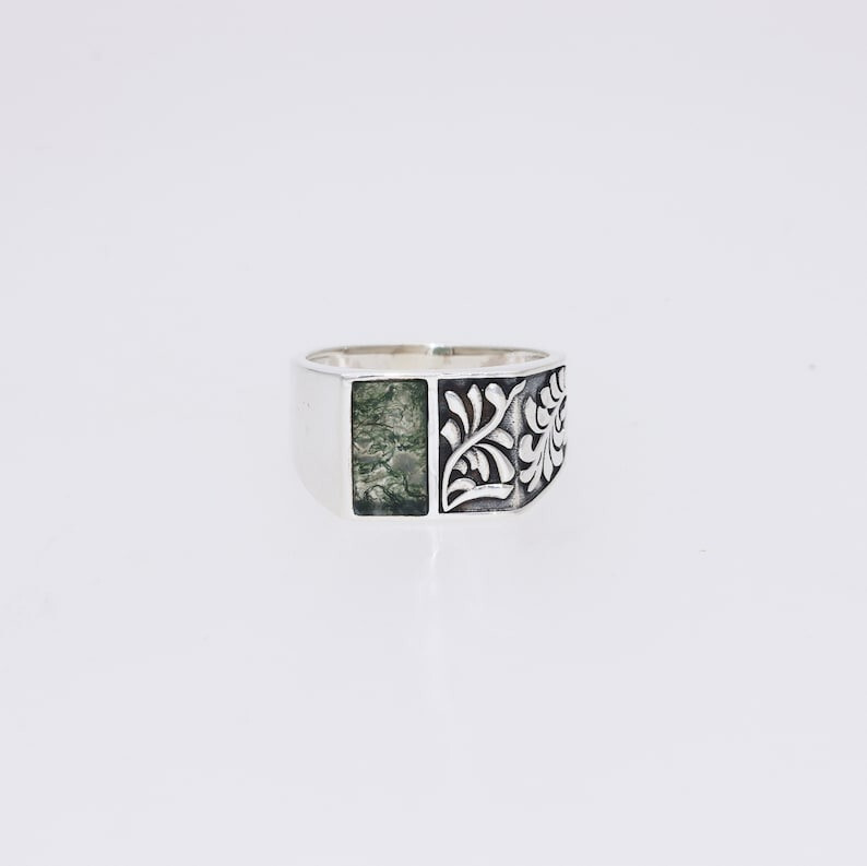 Natural Moss Agate Men's Ring Solid 925 Sterling Silver Ring Signet Ring