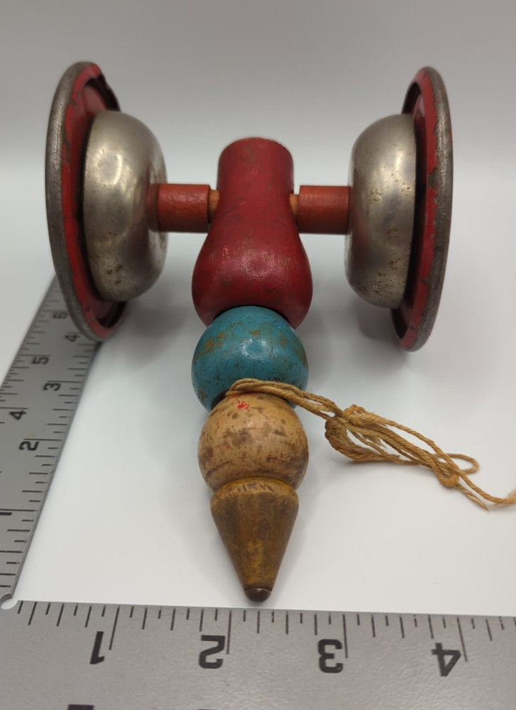Antique Wooden Pull Toy Steel Wheels Ring When Pulled