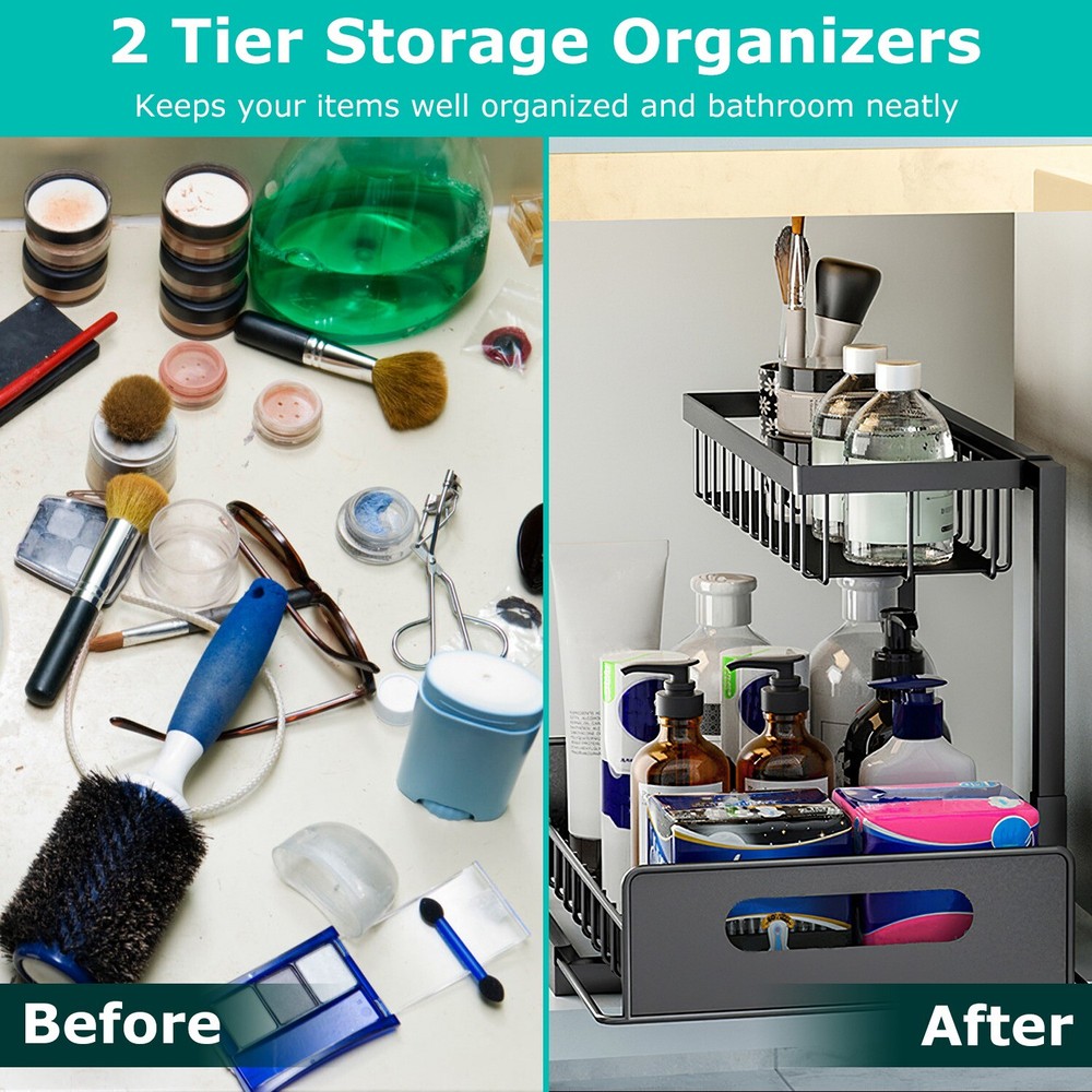 2 Tier Under Sink Organizer Sliding Storage Drawer for Kitchen Bathroom Cabinet