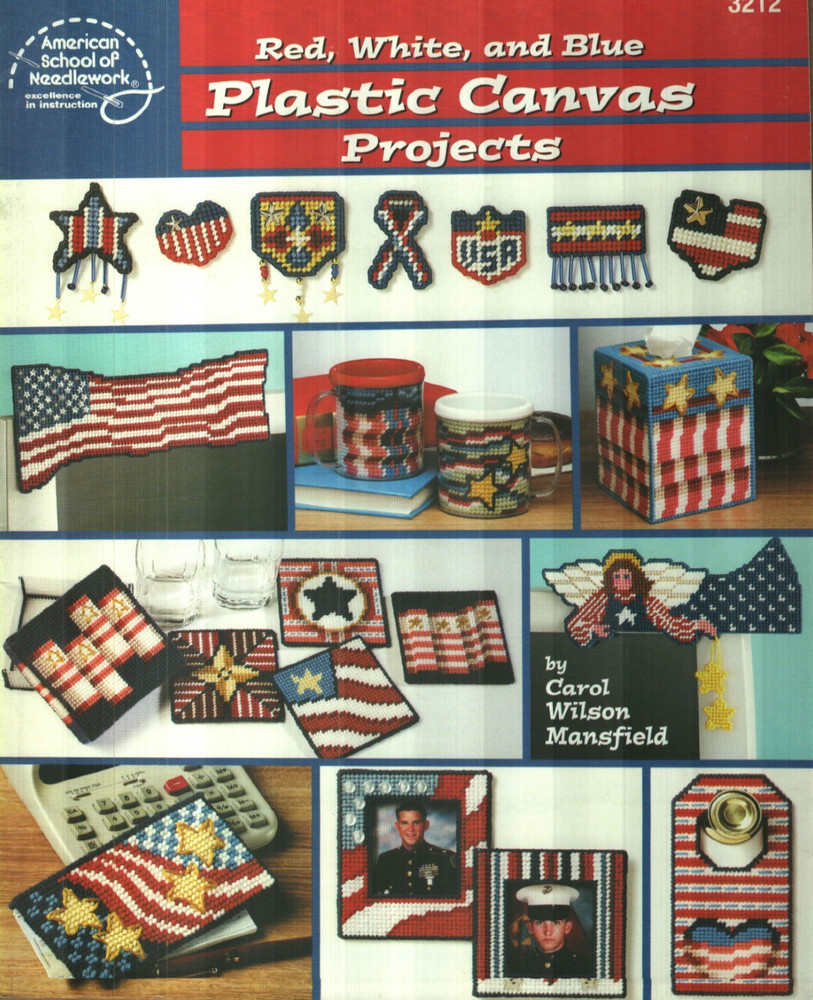 RED WHITE AND BLUE PLASTIC CANVAS PROJECTS TISSUE COVER COASTERS PATTERN BOOK