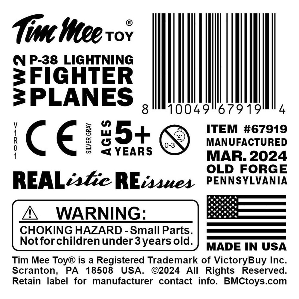 TimMee Processed Plastic WW2 P38 Lightning Silver Fighter Plane Tim Mee Aircraft