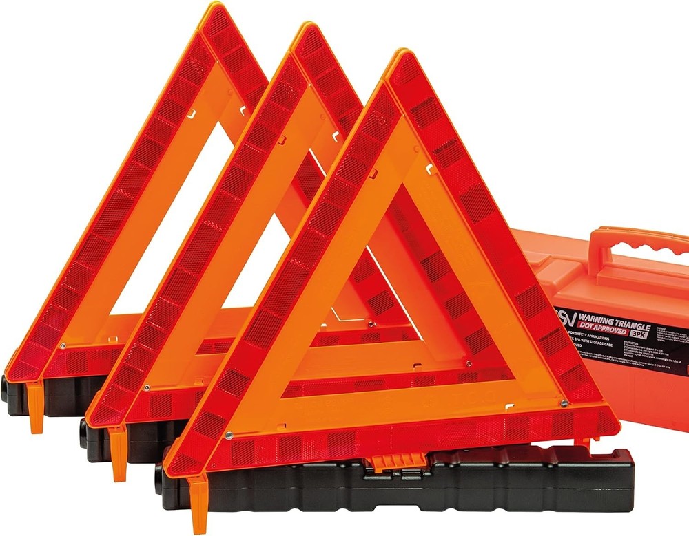 Compact Reflective Safety Triangle Set - Heavy Duty with Easy Setup & Carry Case
