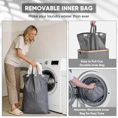 Laundry Hamper with Lid, Tall Laundry Baskets with Bamboo Pull 140 liters Grey