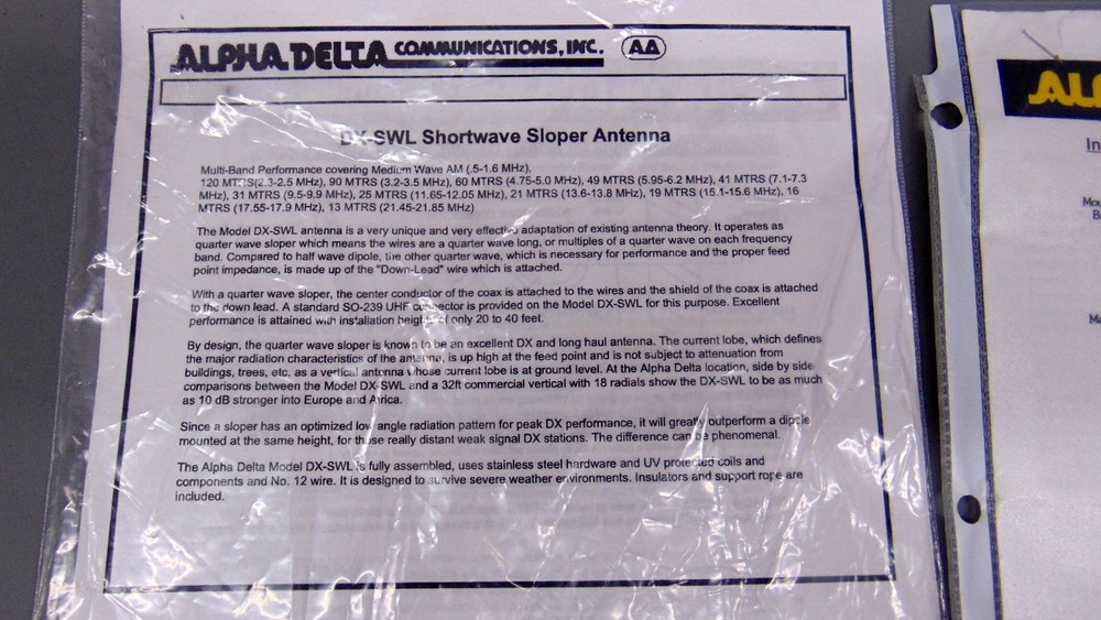Alpha-Delta DX-SWL Shortwave Sloper Antenna + Instructions & Bracket