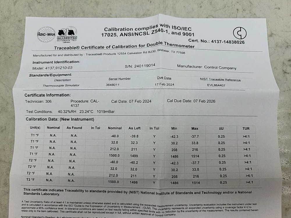 Traceable 4137 Thermocouple Thermometer 2 Input Type K