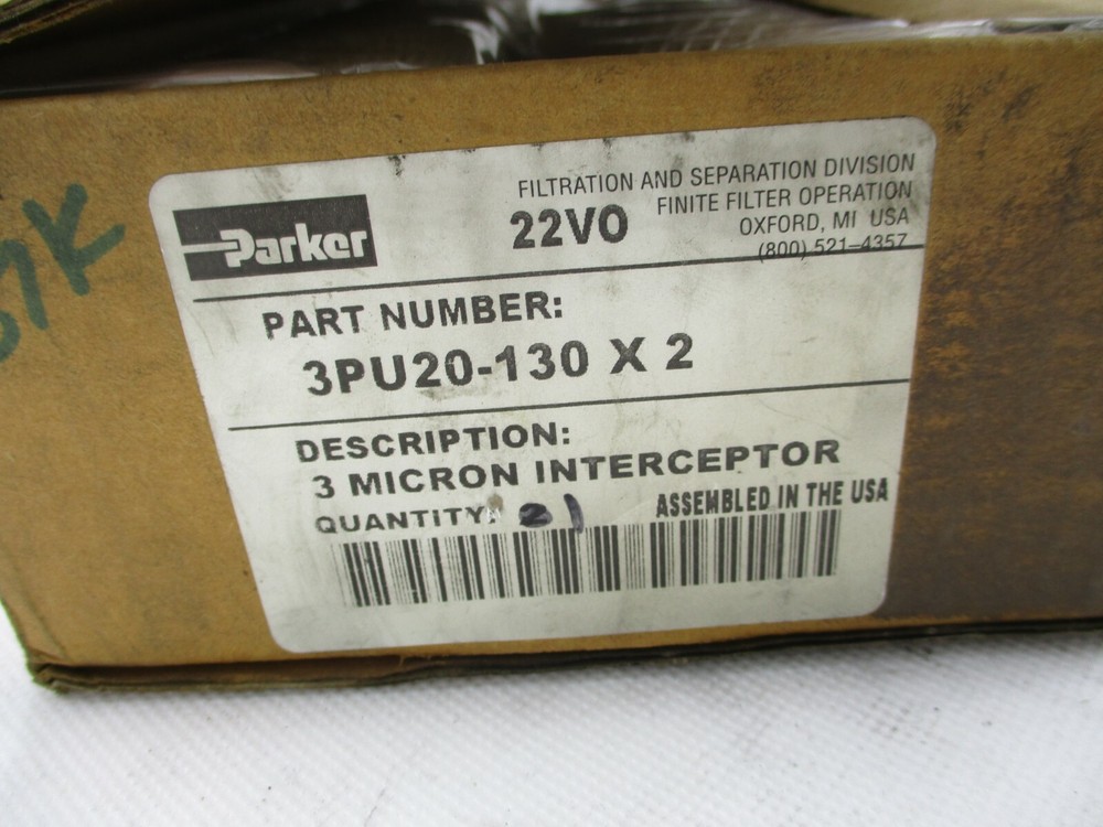 NEW BOX OF 2 PARKER 3PU20-130 3 MICRON INTERCEPTOR FILTER ELEMENT
