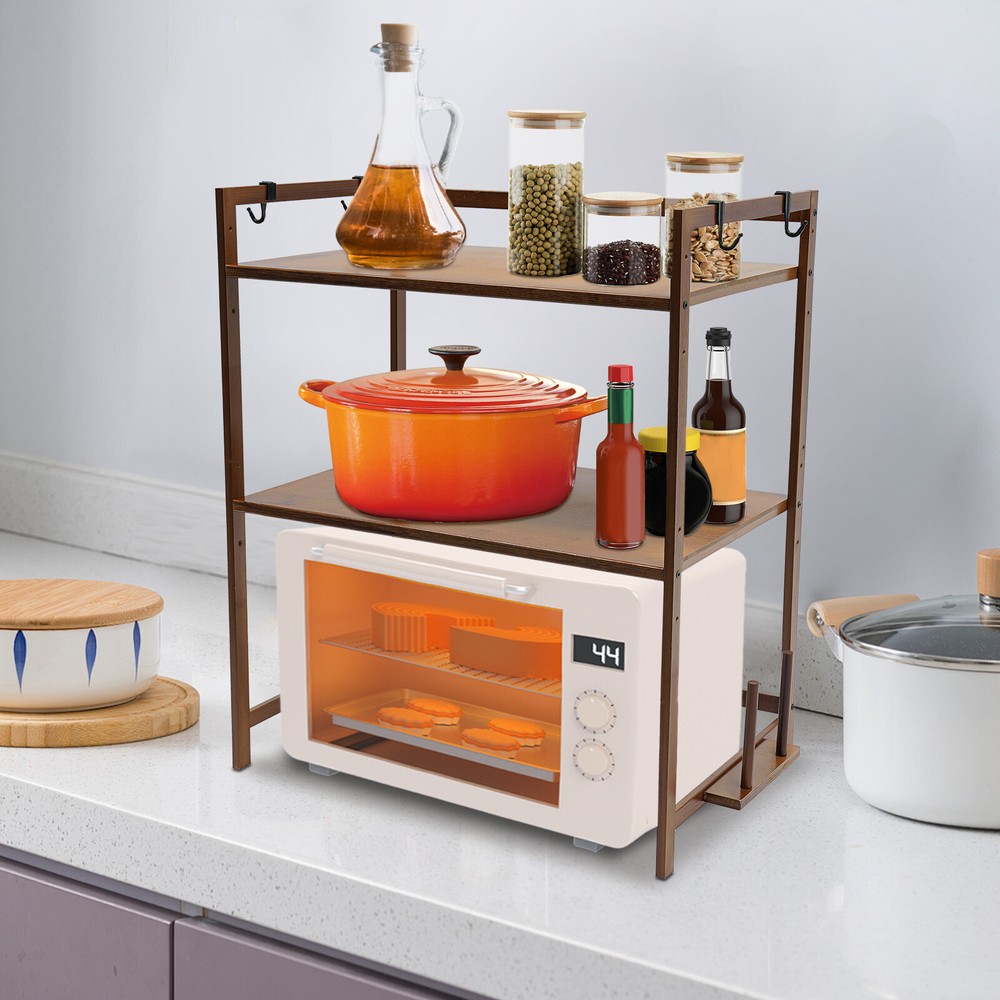 2 Tier 4 Hook Kitchen Storage Rack for Microwave Oven Stand Shelf Organizer