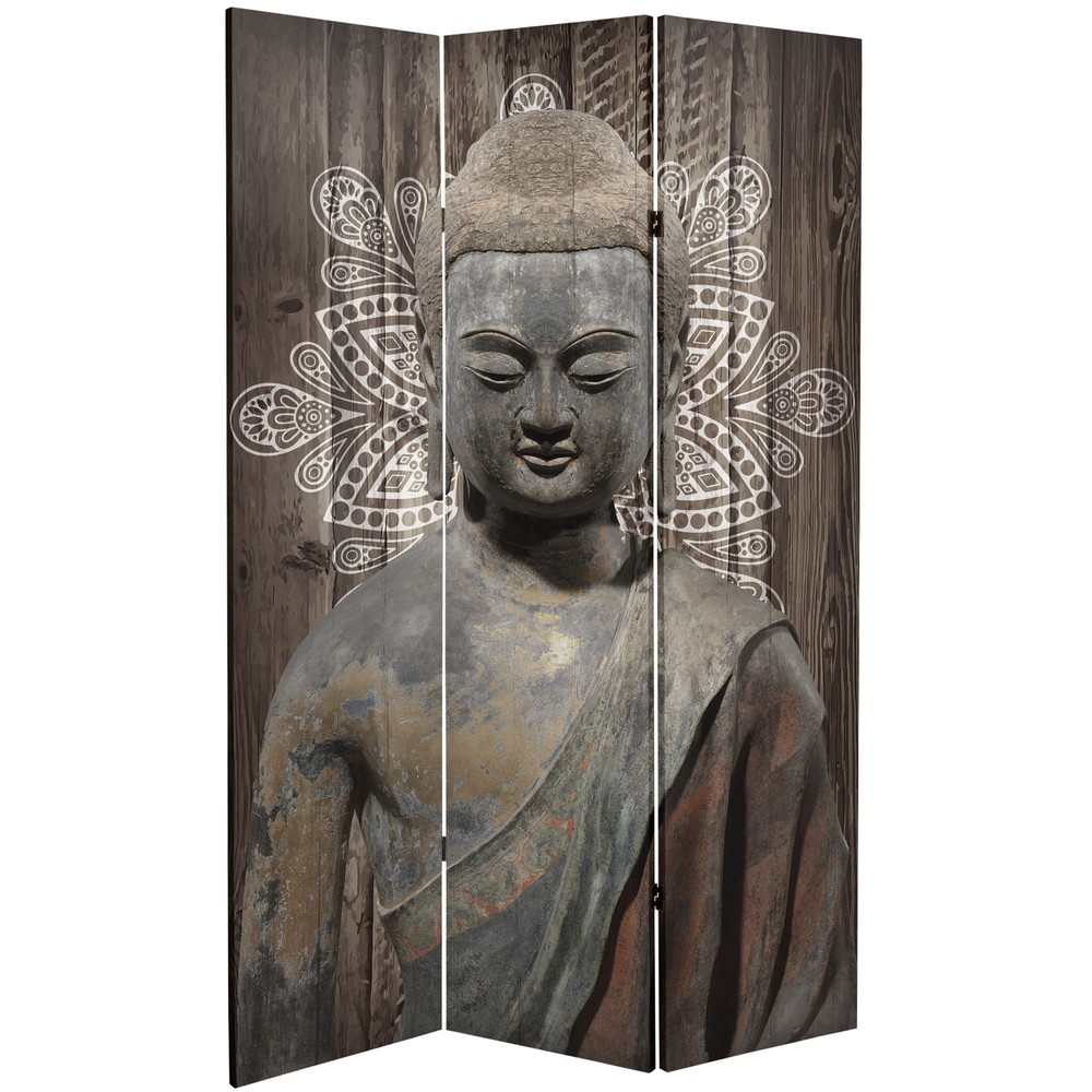 6 ft. Tall Double Sided Stone Buddha Canvas Room Divider