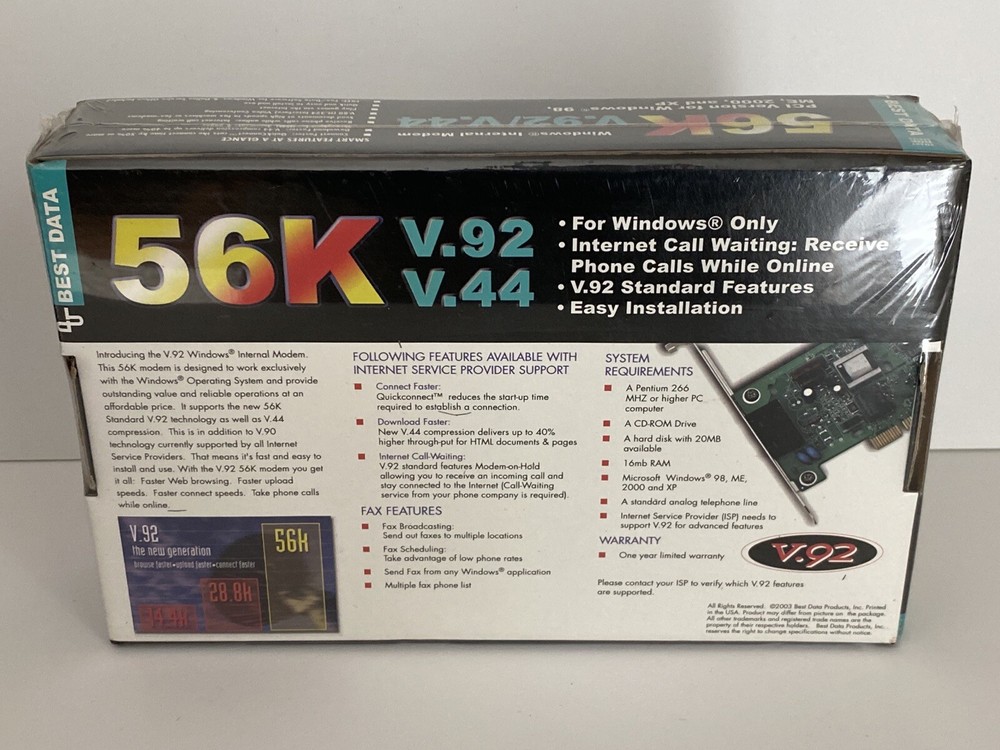 BEST DATA 56K WINDOWS INTERNAL PCI MODEM, V.92/V.44 - NEW SEALED Internet Dial
