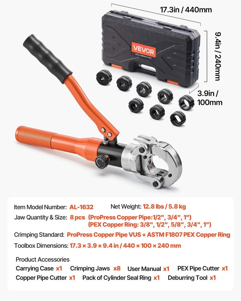 VEVOR Copper Pipe Crimping Tool Hydraulic Driven Pro Press Tool with 8 Jaws