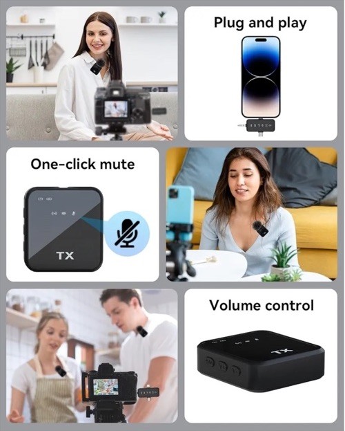 3 in 1 Microphone for iPhone/Android/Camera, Wireless Lavalier Black-3in1