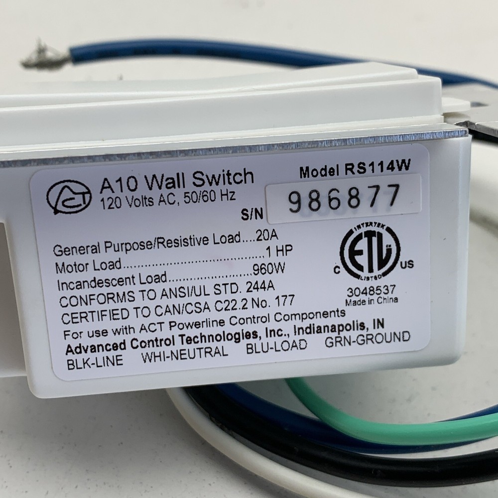 Advanced Control Technologies RS114W A10 Wall Light Switch 20A 960W 120V White